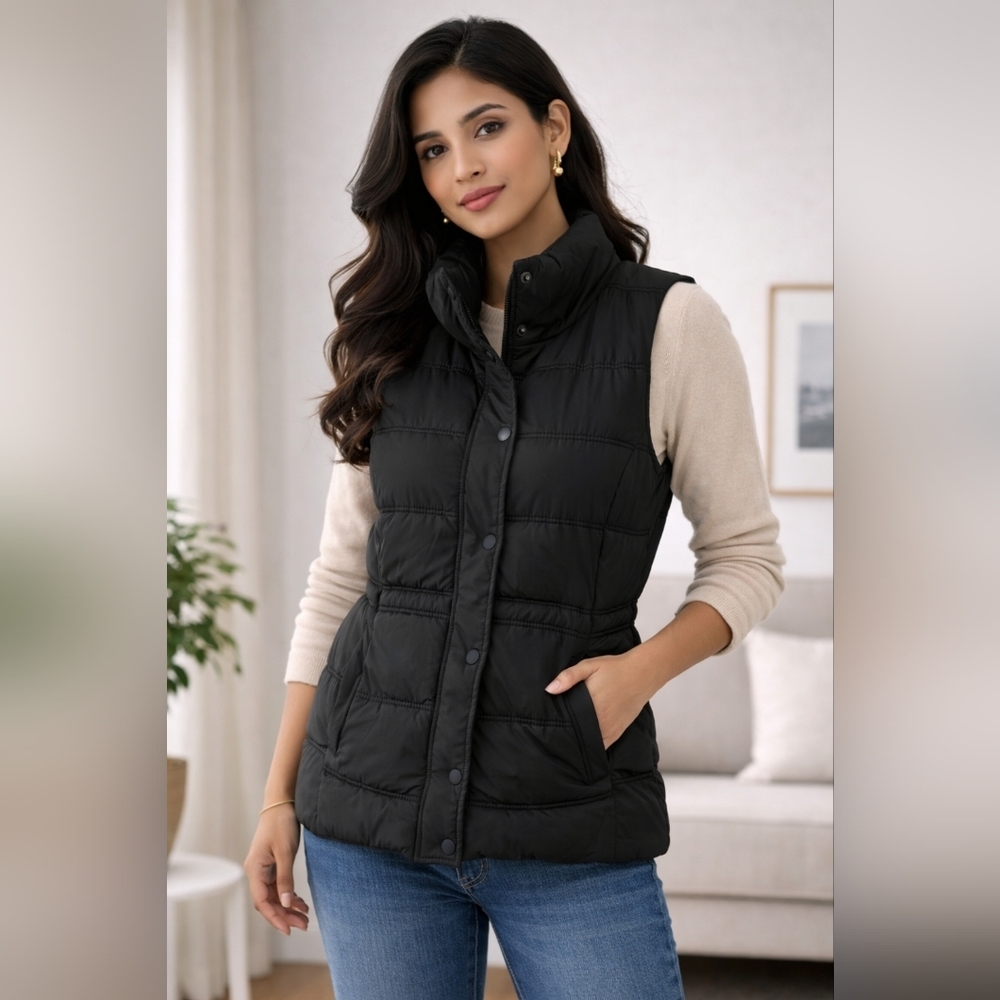 Black Puffer Vest Sleeveless Jacket Lightweight Quilted Zip Snap Closure Size M